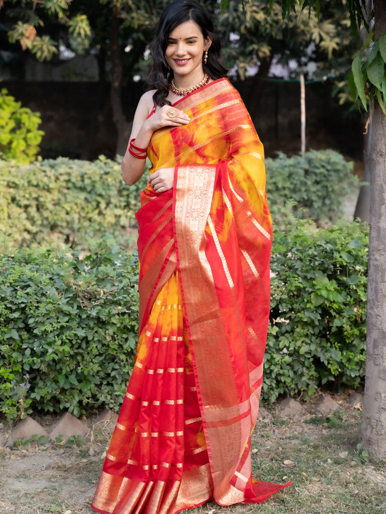 Banarasi Shibori Dyed Organza Saree With Zari Weaving-Yellow & Orange