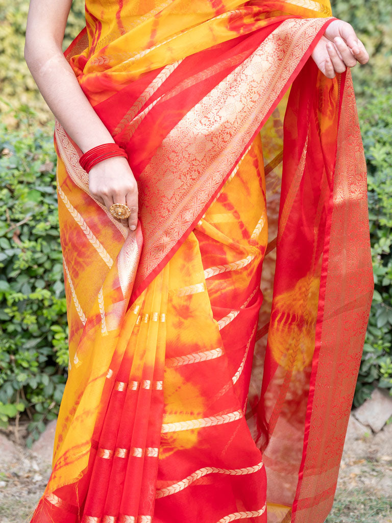 Banarasi Shibori Dyed Organza Saree With Zari Weaving-Yellow & Orange