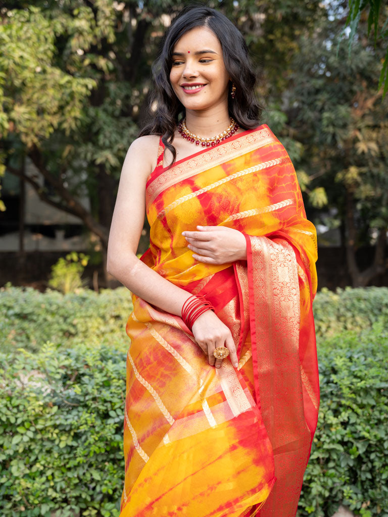 Banarasi Shibori Dyed Organza Saree With Zari Weaving-Yellow & Orange