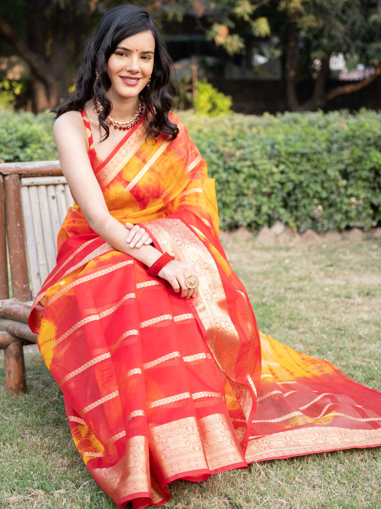 Banarasi Shibori Dyed Organza Saree With Zari Weaving-Yellow & Orange