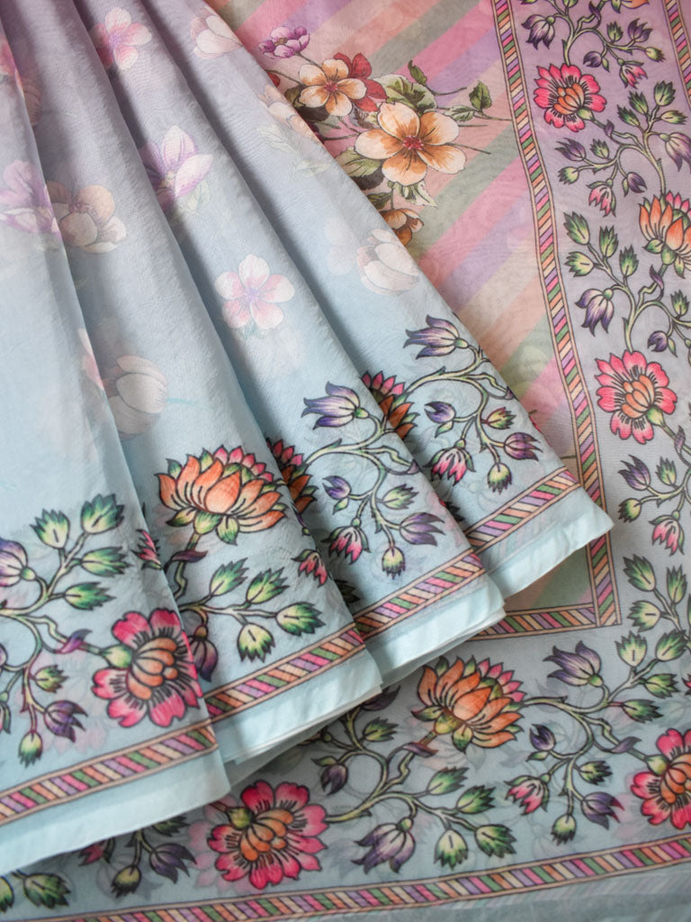 Banarasi Dual Shade Organza Saree With Floral Print -Blue & Pink
