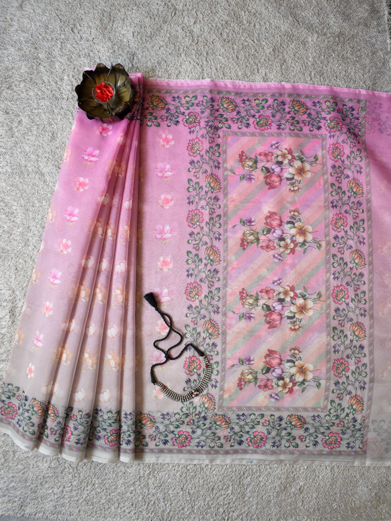 Banarasi Dual Shade Organza Saree With Floral Print-Grey & Pink