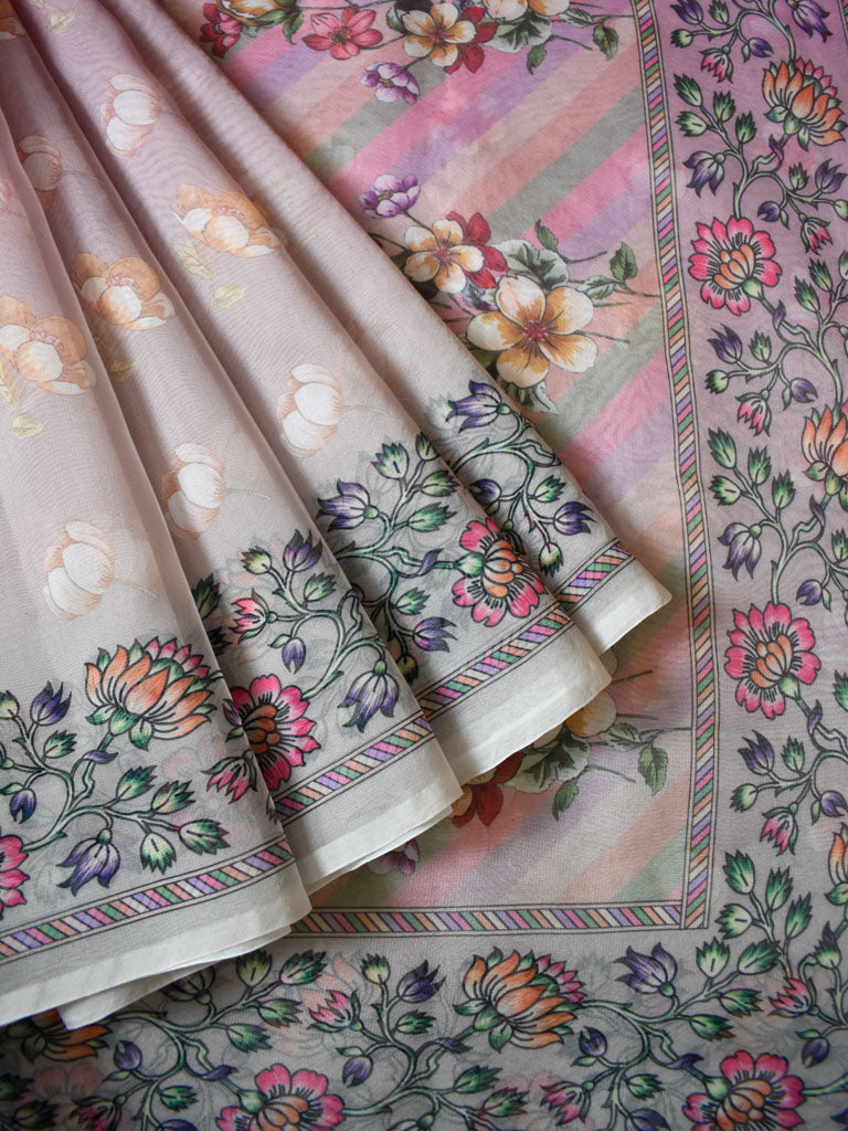 Banarasi Dual Shade Organza Saree With Floral Print-Grey & Pink