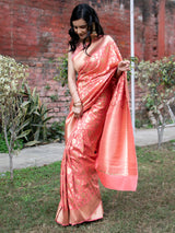 Banarasi Art Katan Silk Saree With Jaal Weaving-Peach