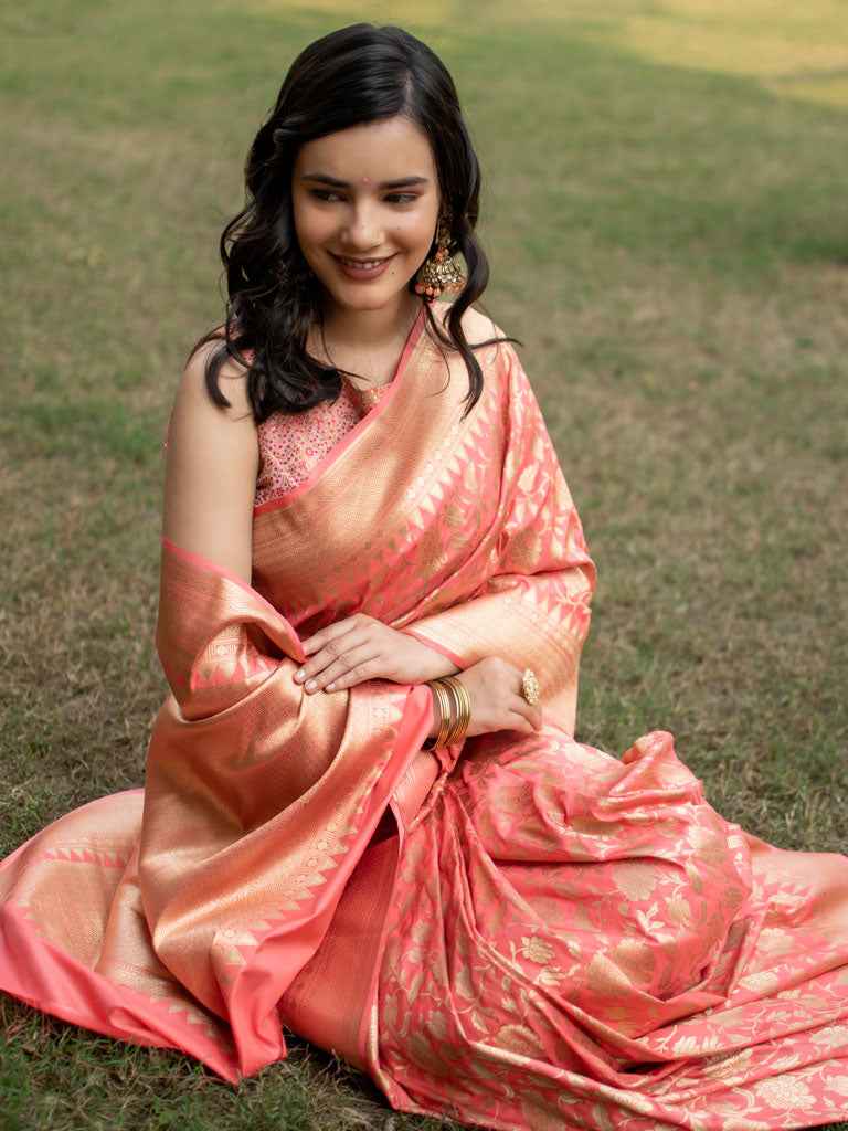 Banarasi Art Katan Silk Saree With Jaal Weaving-Peach