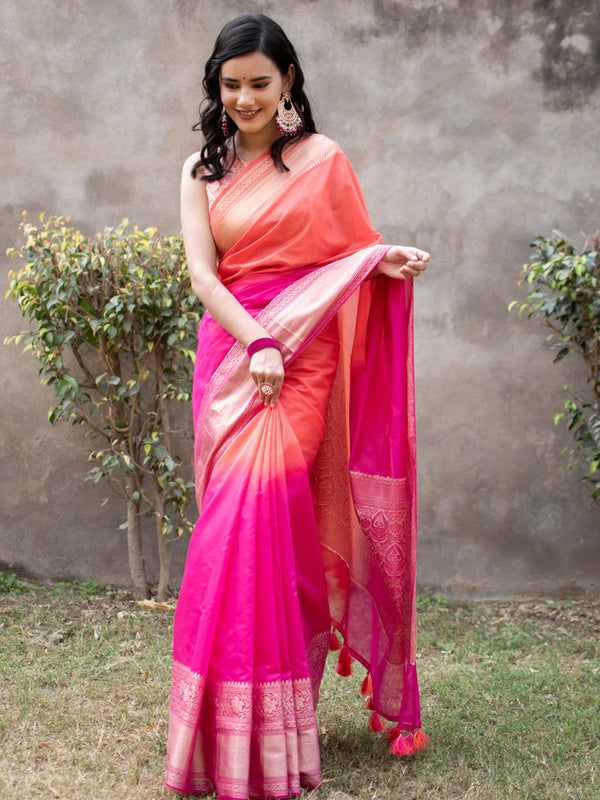 Banarasi Dual Shade Soft Cotton Plain Saree With Zari Border-Pink