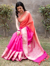 Banarasi Dual Shade Soft Cotton Plain Saree With Zari Border-Pink