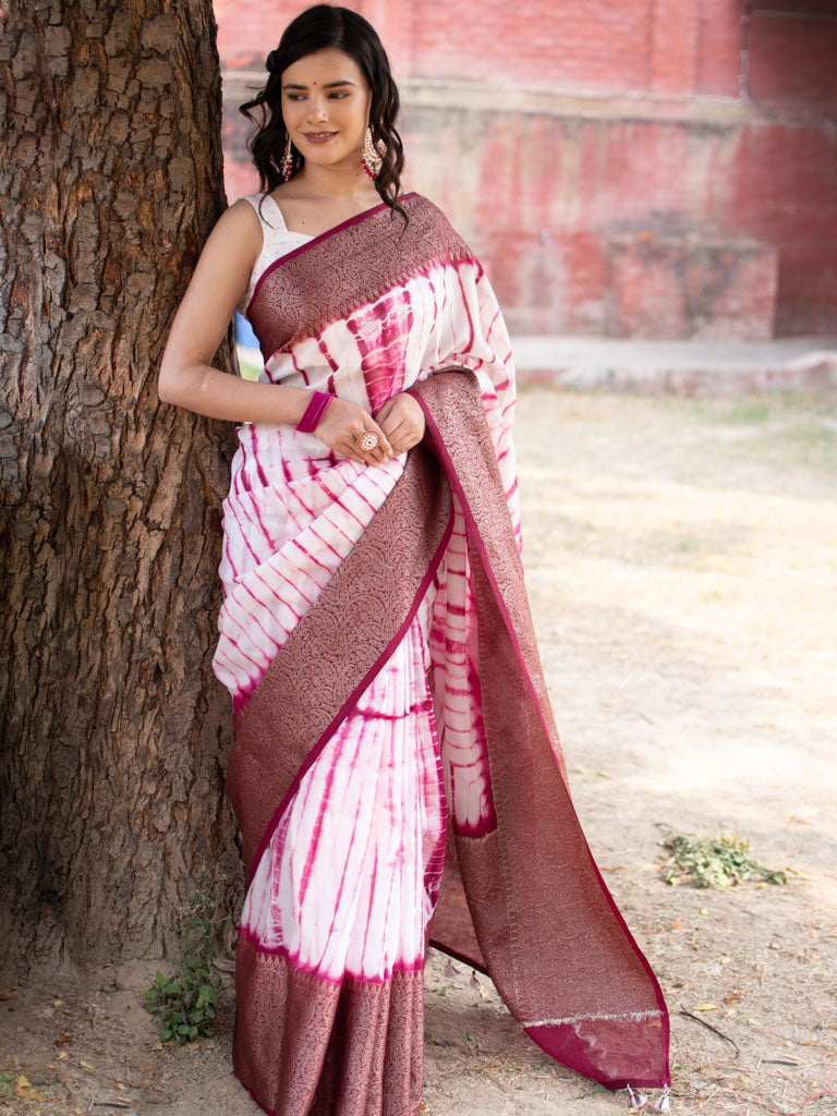 Banarasi Shibori Dyed Cotton Silk Saree With Antique Zari Border-Pink