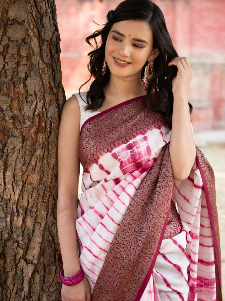 Banarasi Shibori Dyed Cotton Silk Saree With Antique Zari Border-Pink