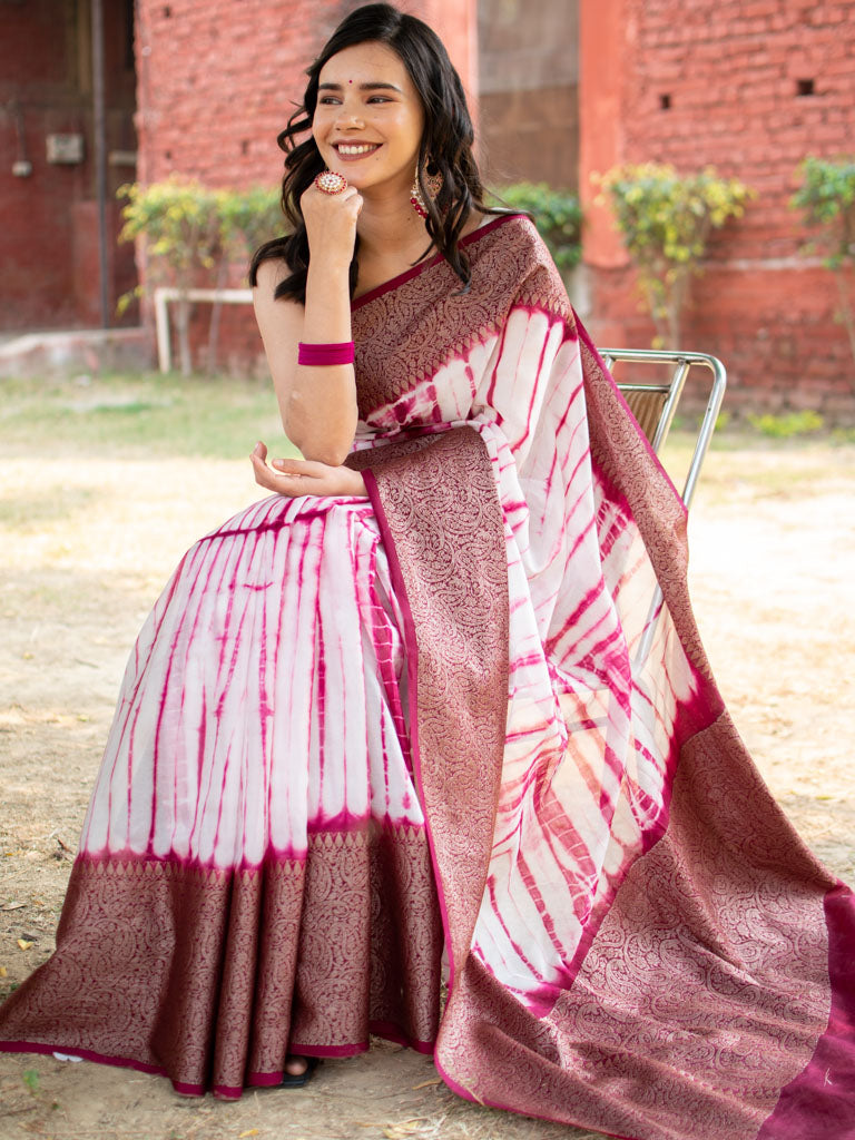 Banarasi Shibori Dyed Cotton Silk Saree With Antique Zari Border-Pink