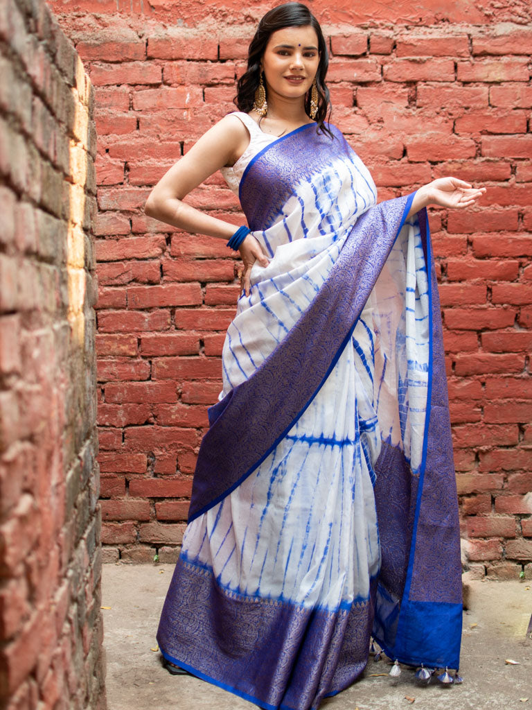 Banarasi Shibori Dyed Cotton Silk Saree With Antique Zari Border-Blue