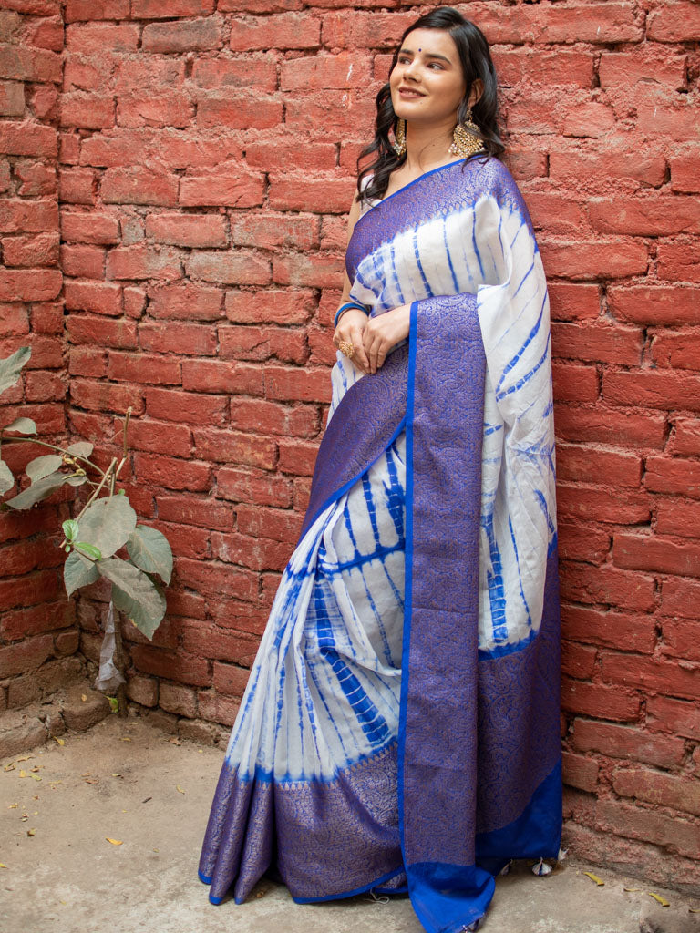 Banarasi Shibori Dyed Cotton Silk Saree With Antique Zari Border-Blue