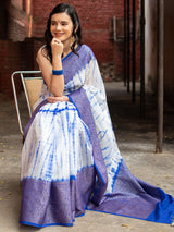 Banarasi Shibori Dyed Cotton Silk Saree With Antique Zari Border-Blue
