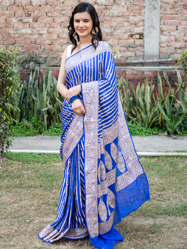 Banarasi Pure Chiffon Saree Gold Zari Weaving-Blue