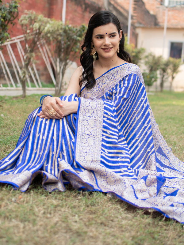 Banarasi Pure Chiffon Saree Gold Zari Weaving-Blue