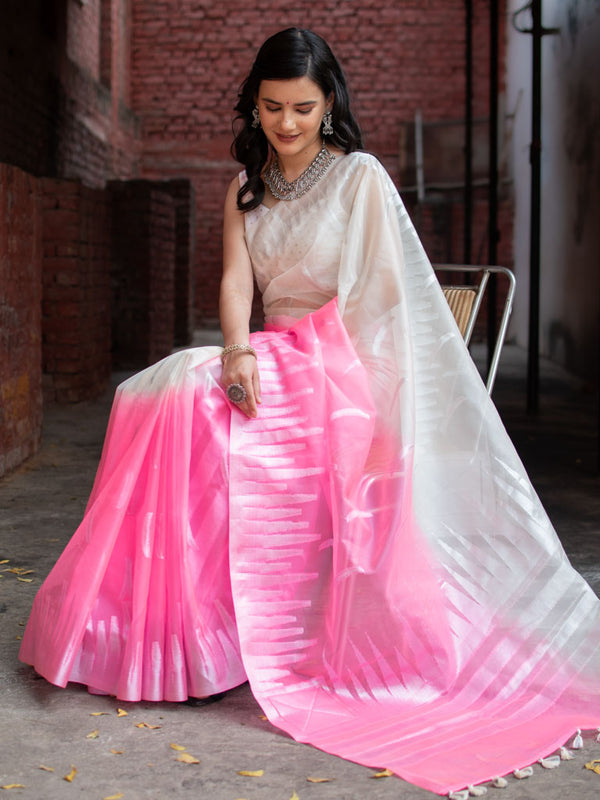 Banarasi  Dual Shade Organza Saree With Silver Zari Border-White & Pink