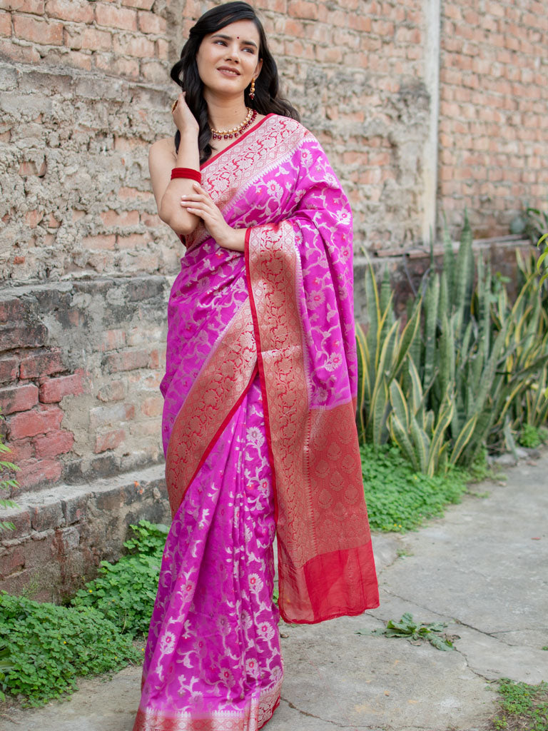 Banarasi Kora Saree With Jaal Weaving & Contrast Border-Pink
