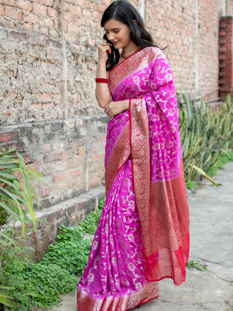 Banarasi Kora Saree With Jaal Weaving & Contrast Border-Pink