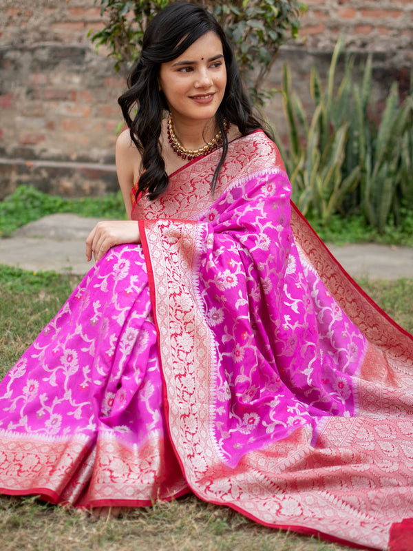 Banarasi Kora Saree With Jaal Weaving & Contrast Border-Pink
