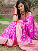 Banarasi Kora Saree With Jaal Weaving & Contrast Border-Pink