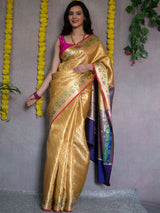 Banarasi Semi Silk Saree With Tanchoi Weaving & Contrast Border-Yellow