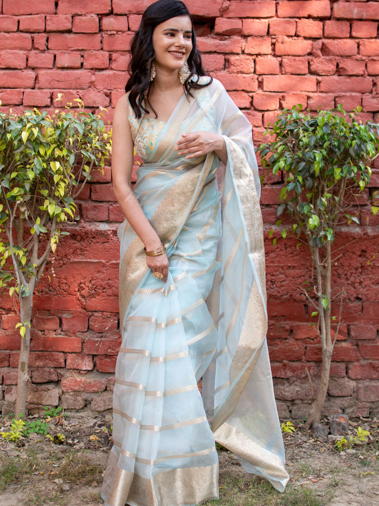 Banarasi organza Saree With Zari Weaving-Pastel Blue