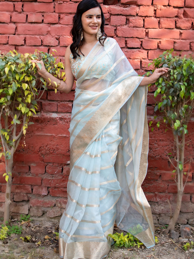 Banarasi organza Saree With Zari Weaving-Pastel Blue