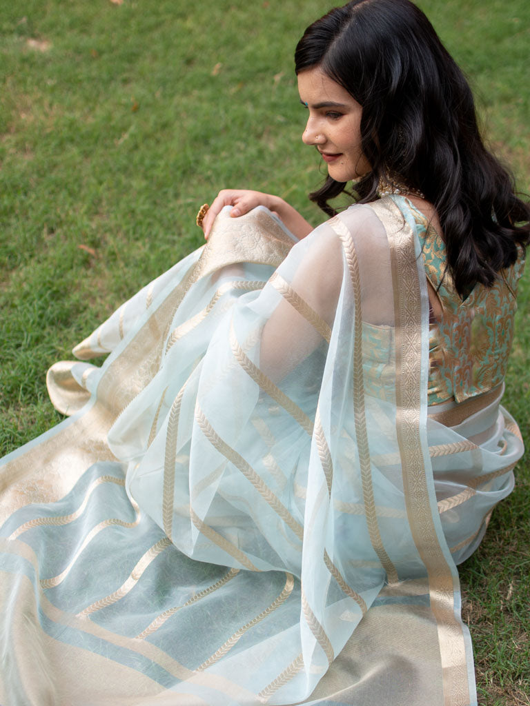 Banarasi organza Saree With Zari Weaving-Pastel Blue