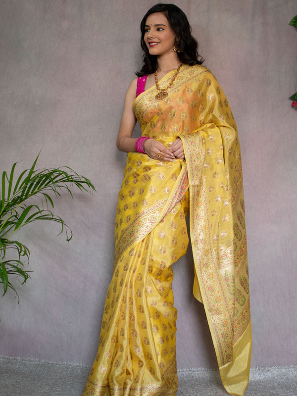 Banarasi Pure Georgette Saree With  Resham Buta Weaving-Yellow