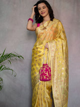Banarasi Pure Georgette Saree With  Resham Buta Weaving-Yellow