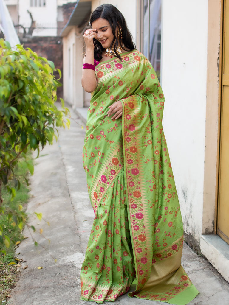 Banarasi Handloom Art Katan Silk Saree With Meena Jaal Weaving-Green