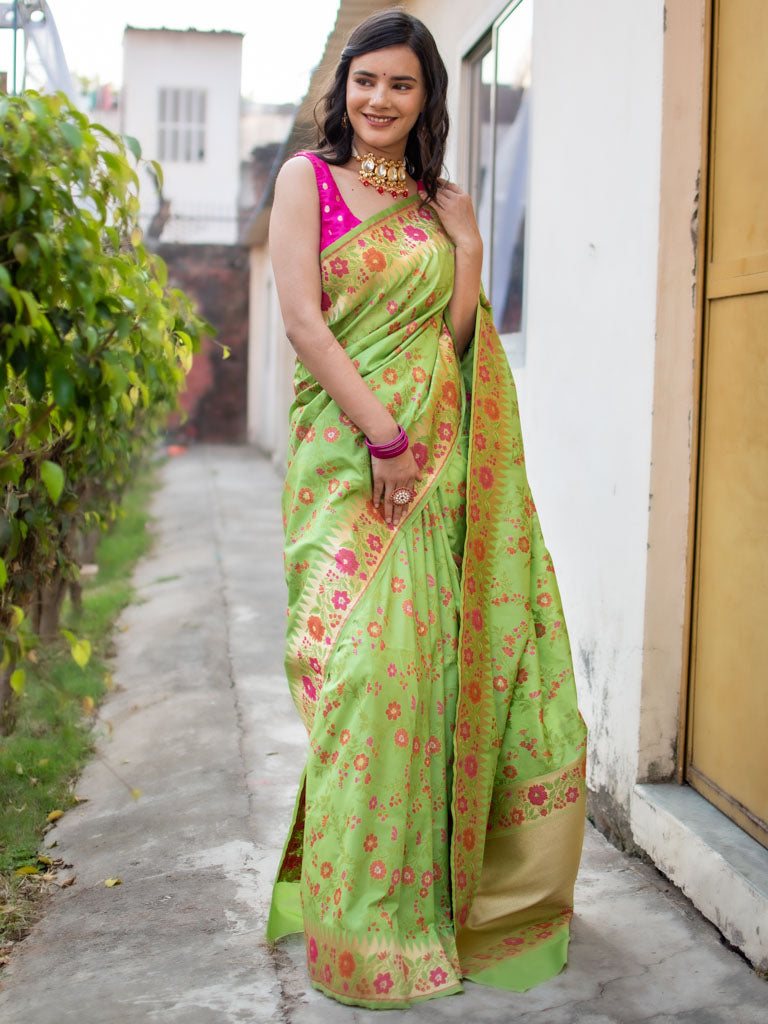 Banarasi Handloom Art Katan Silk Saree With Meena Jaal Weaving-Green