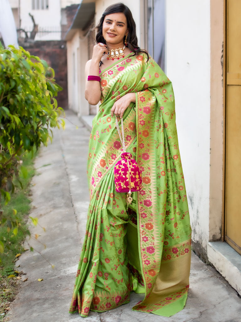Banarasi Handloom Art Katan Silk Saree With Meena Jaal Weaving-Green ...