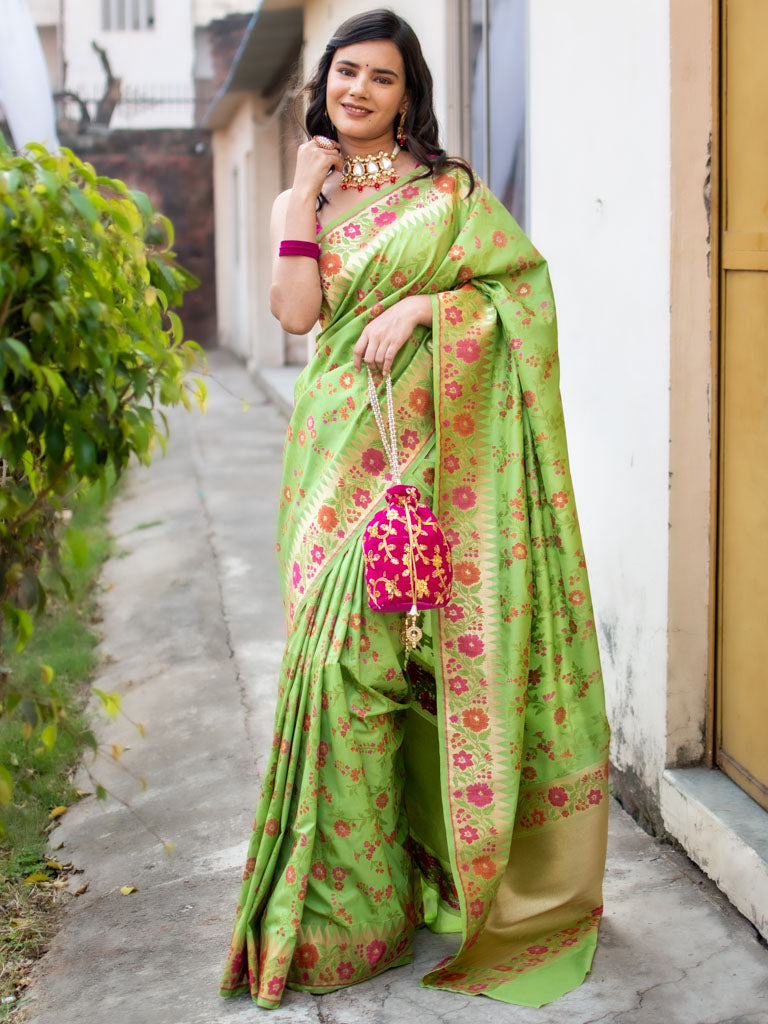 Banarasi Handloom Art Katan Silk Saree With Meena Jaal Weaving-Green