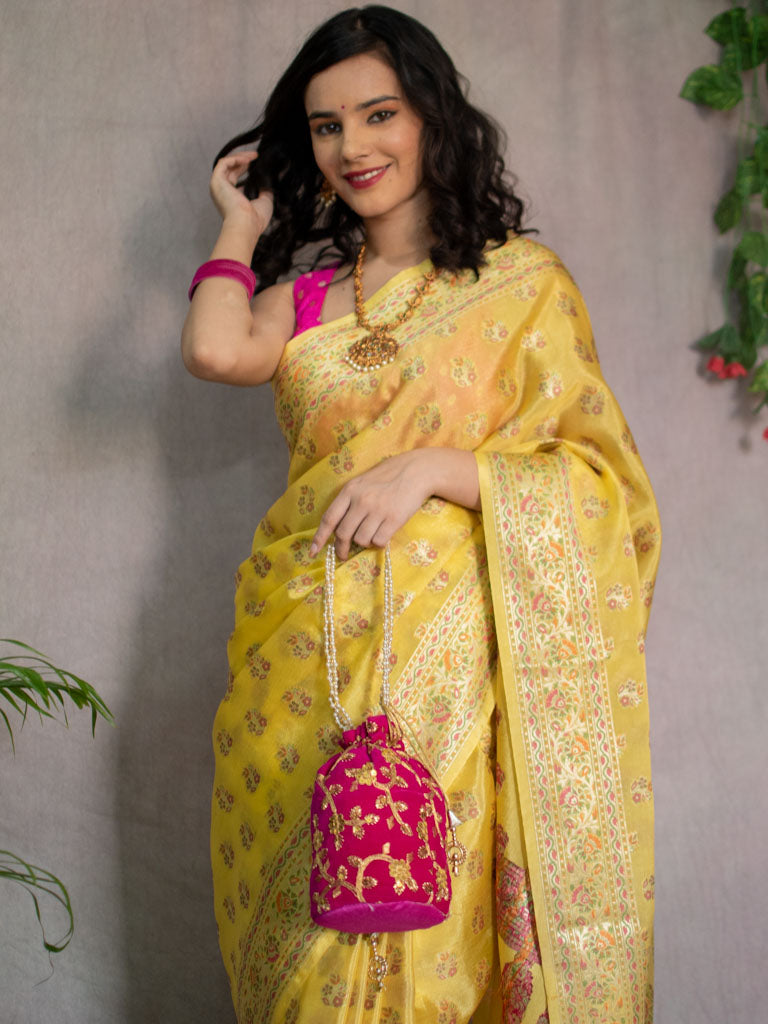 Banarasi Pure Georgette Saree With  Resham Buta Weaving-Yellow