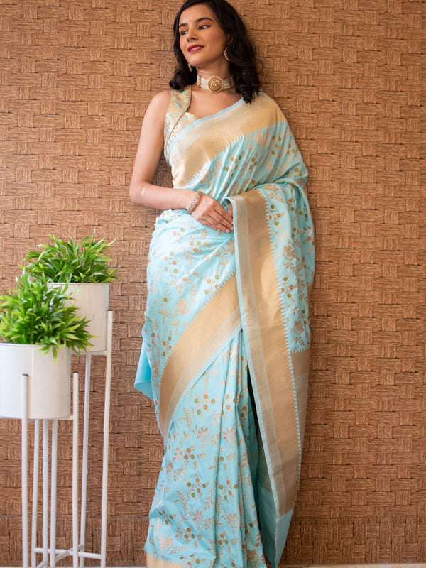 Banarasi Art Katan Silk Saree With Meena Weaving-Pastel Blue