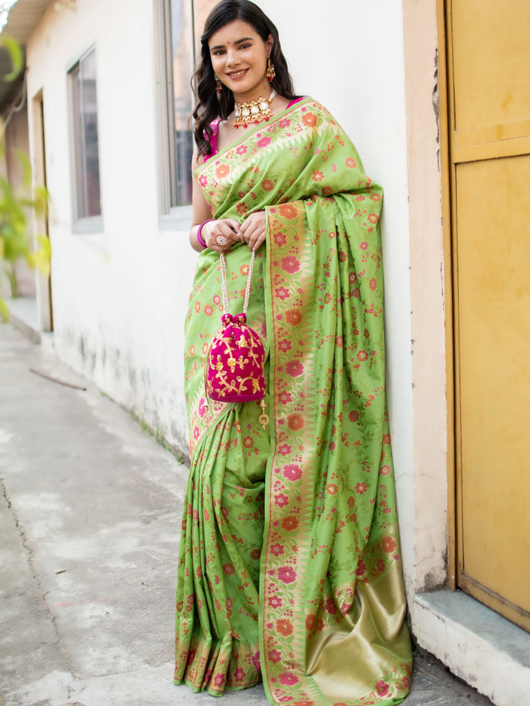 Banarasi Handloom Art Katan Silk Saree With Meena Jaal Weaving-Green