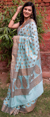 Banarasi  Soft Cotton Antique Zari Saree-Blue