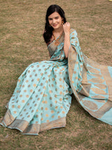 Banarasi  Soft Cotton Antique Zari Saree-Blue