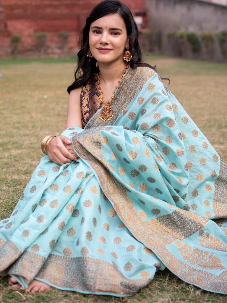 Banarasi  Soft Cotton Antique Zari Saree-Blue