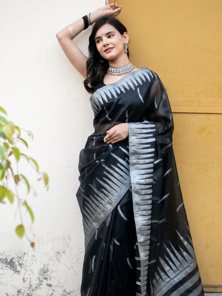 Banarasi  Organza Saree With Silver Zari Border-Black