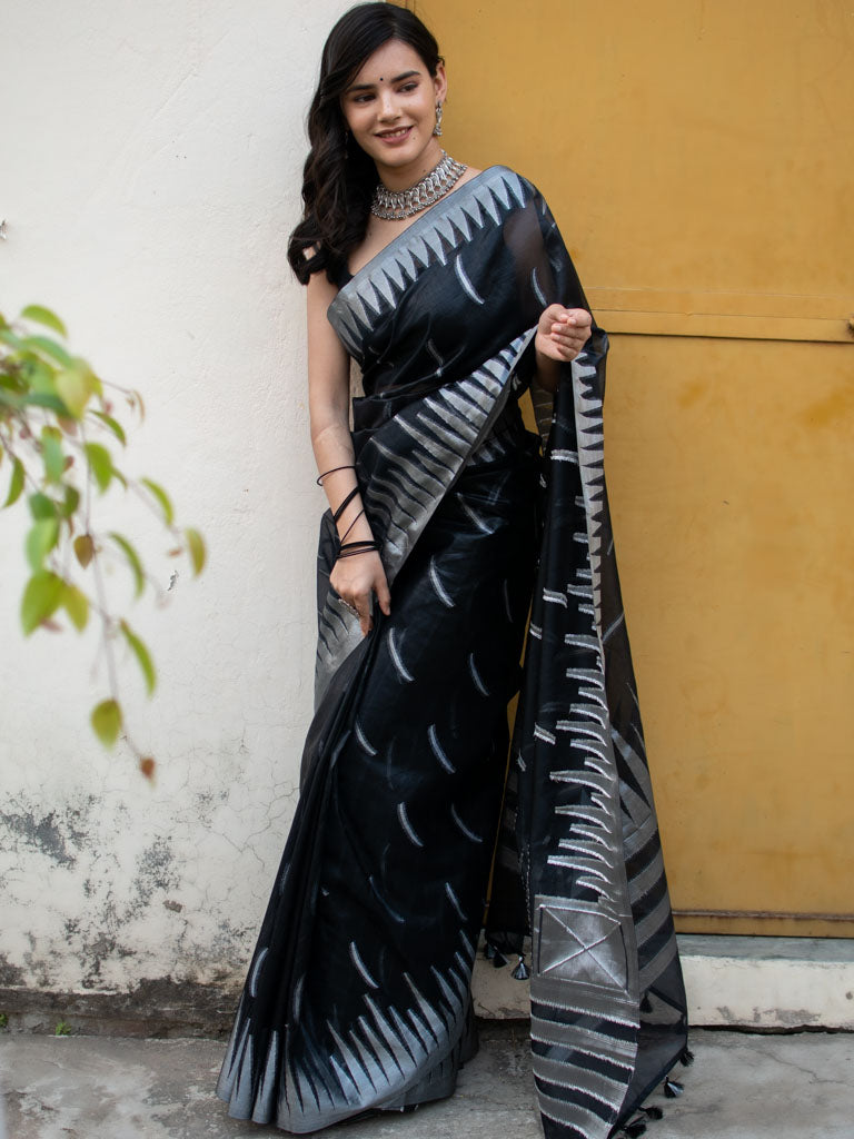 Banarasi  Organza Saree With Silver Zari Border-Black