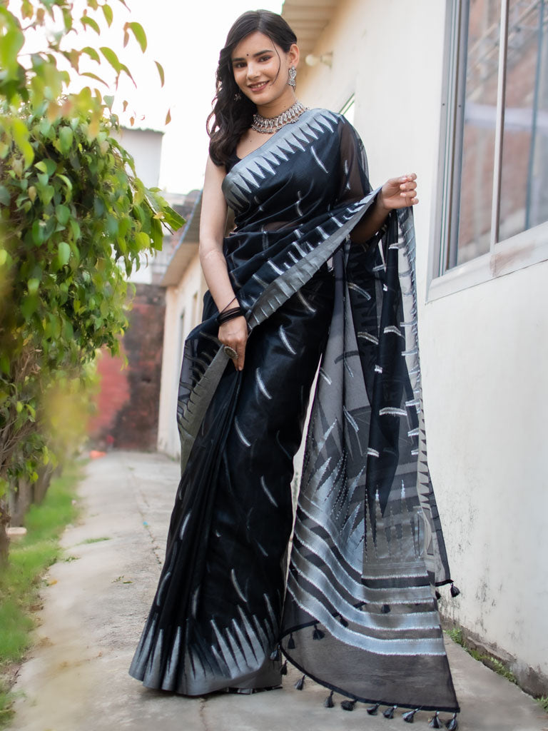 Banarasi  Organza Saree With Silver Zari Border-Black