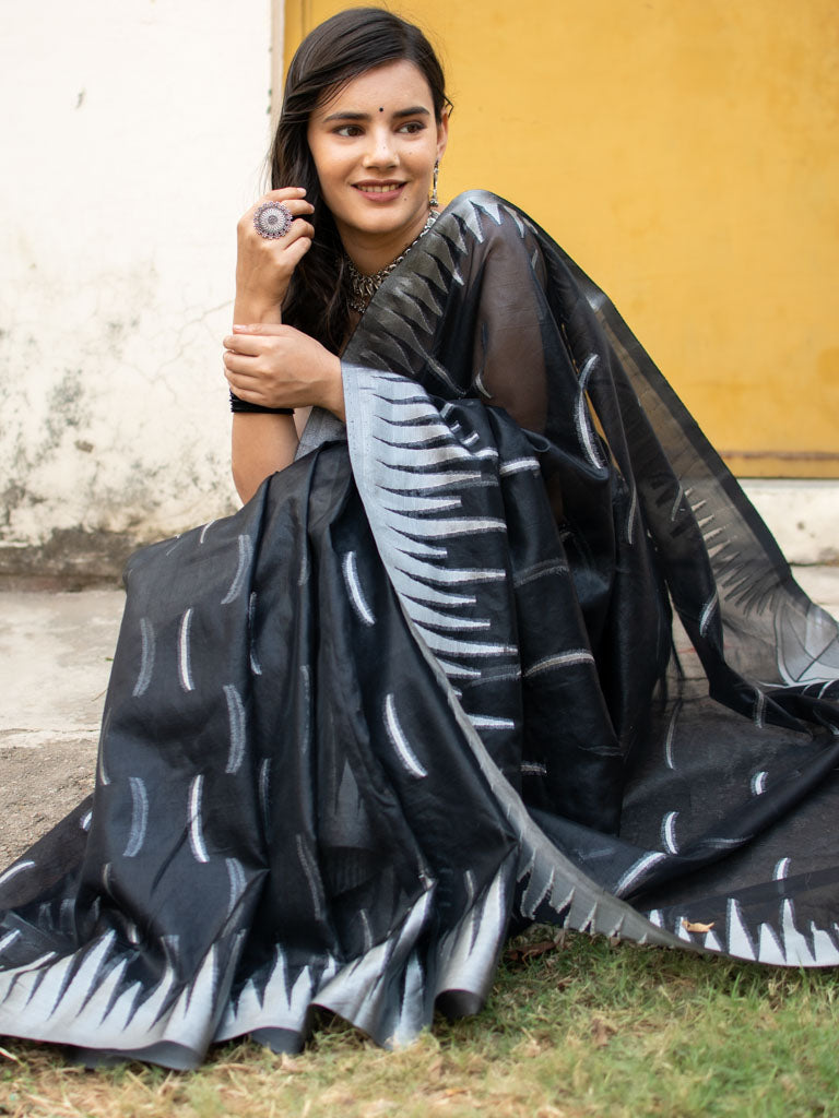 Banarasi  Organza Saree With Silver Zari Border-Black