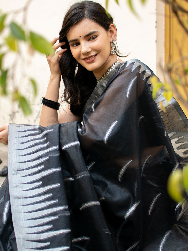 Banarasi  Organza Saree With Silver Zari Border-Black