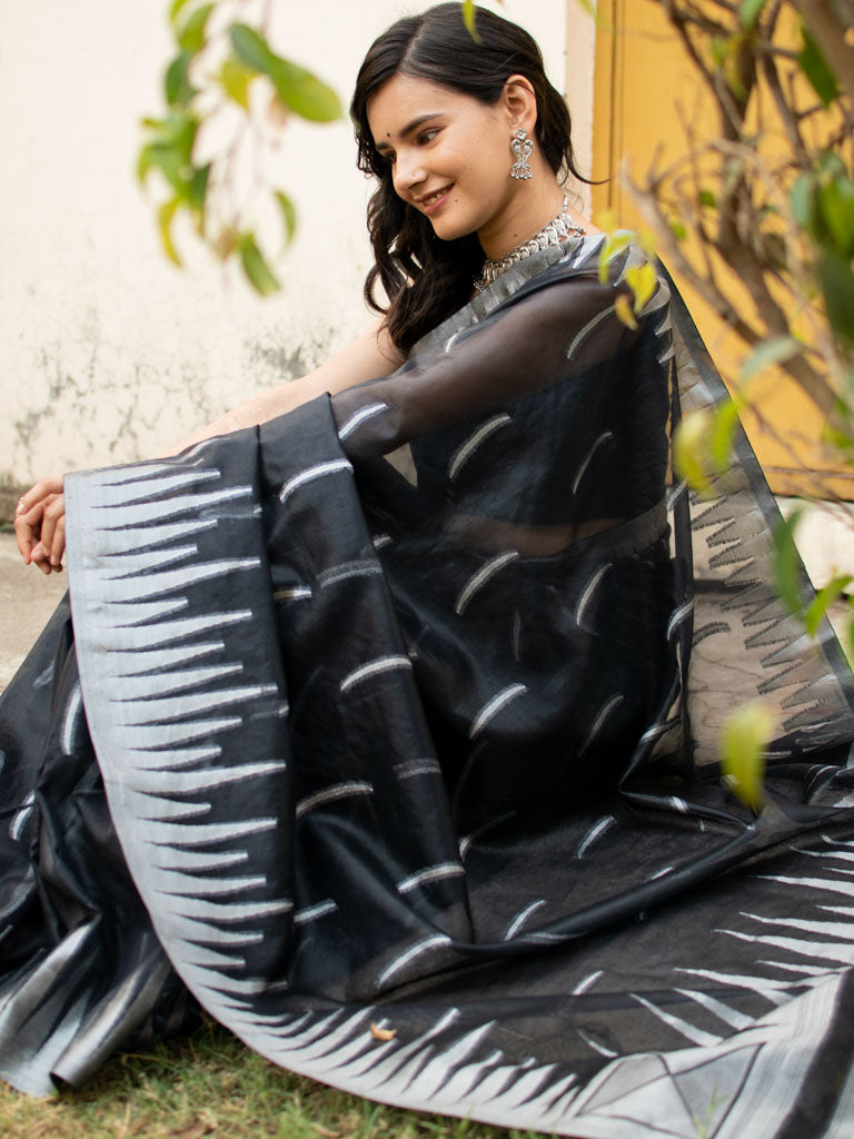 Banarasi  Organza Saree With Silver Zari Border-Black