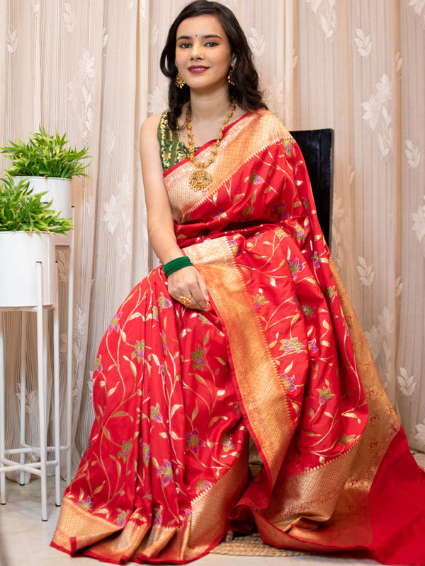 Banarasi Art Katan Silk Saree With Meena Weaving-Red