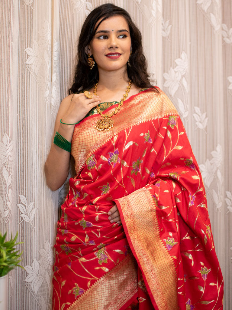 Banarasi Art Katan Silk Saree With Meena Weaving-Red