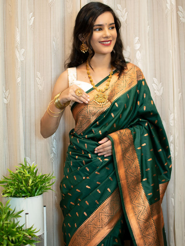 Banarasi Art Katan Silk Saree With Small Copper Zari Weaving-Green