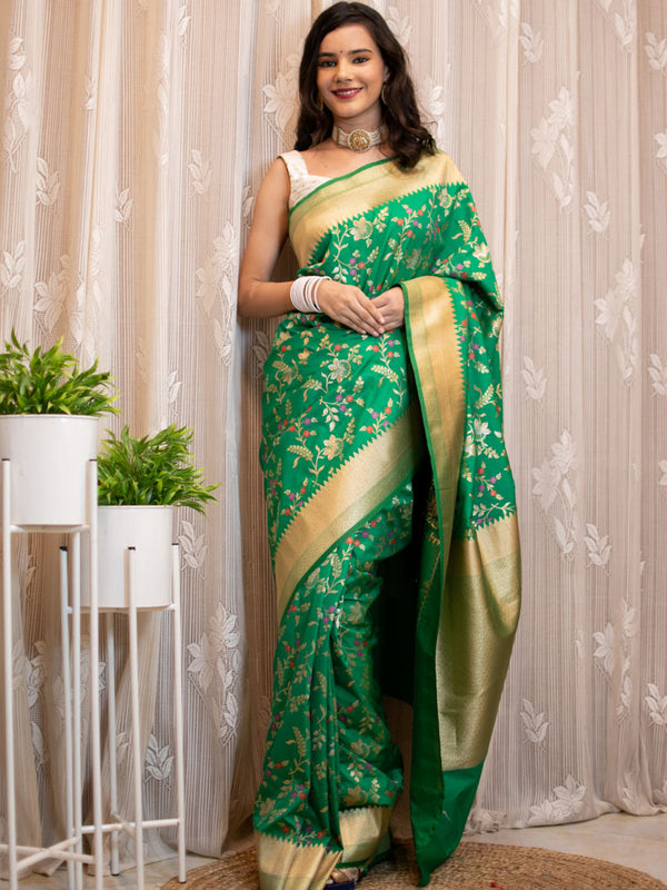 Banarasi Art Katan Silk Saree With Meena Weaving-Green